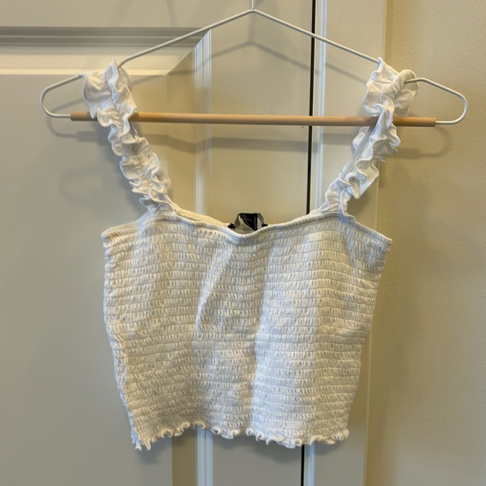 Forever 21 smocked cropped stretchy white tank top with ruffle straps - Picture 2 of 4